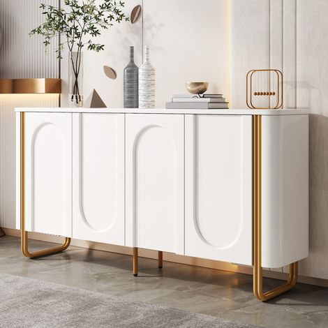Aparador blanco de MDF 160 cm, 4 puertas push-to-open y patas de hierro OKWISH (1/5)