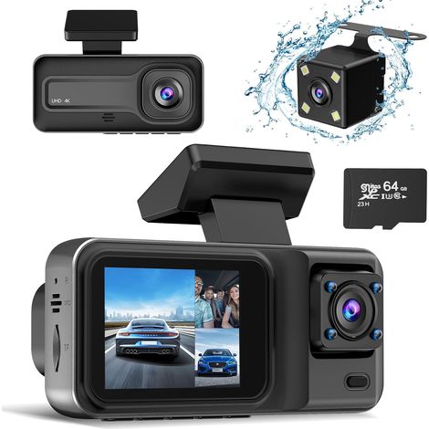 4K 3-Kanal-Dashcam mit 64-GB-Karte, 4K+1080P+1440P-Dashcam für Front- und Rückkamera, Autokamera mit hervorragender Nachtsicht, 24-Stunden-Parkmodus, Loop-Aufnahme und Bewegungserkennung (1/5)