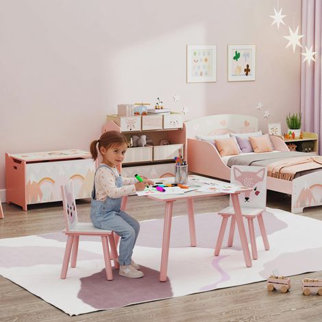 Ensemble de salon de jardin pour enfant en pin, table et 2 chaises, motif animaux, chambre d'enfant, 3-8 ans, rose (1/5)