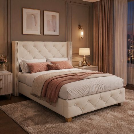 DESMIU Lit simple 1 place avec tête de lit capitonnée et clous décoratifs 90 × 200 cm, sans matelas, beige (1/5)