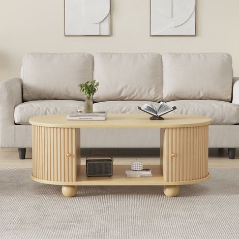 Ovaler Couchtisch mit Stauraum und Schiebetüren, Wohnzimmertisch Holzoptik MDF, Platzsparender Beistelltisch für kleine Räume, 100x50x40 cm