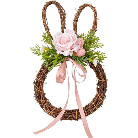 Guirlande De Porte En Rotin Forme Doreilles De Lapin - Décoration Printanière Avec Fleurs Et Ruban - Pour Porte Ou Mur - 26 Cm - 1 Pièce (1/5)