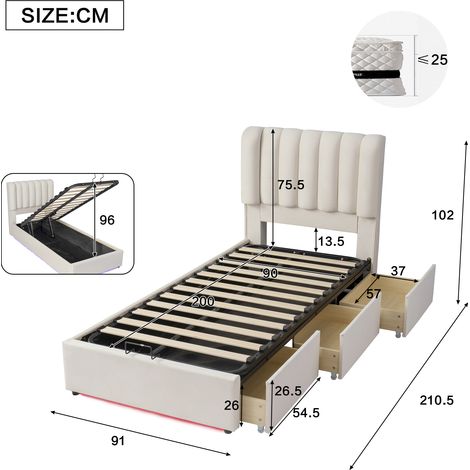 Lit coffre enfant 90x200 cm avec vérin hydraulique, sommier à tiroirs, 3 tiroirs de rangement, bande LED intégrée, revêtement velours doux, literie gain de place, tons beige. (1/5)