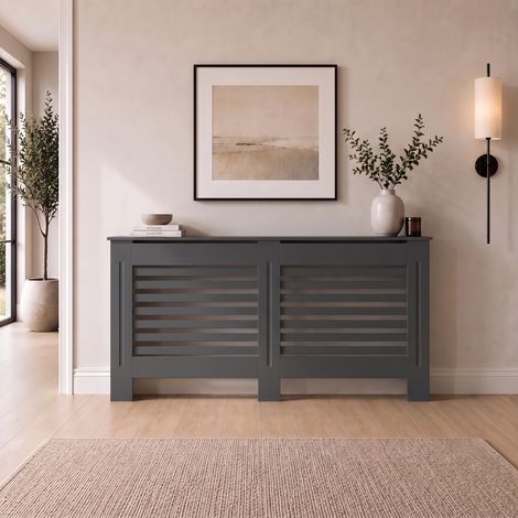 Radiator Cover Large Anthracite Grey Modern Horizontal Slat MDF Cabinet with Display Shelf 1520x815x190mm (1/5)