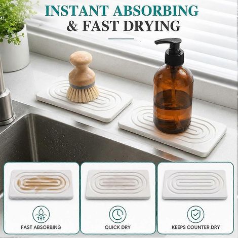 Plateau en terre de diatomées - étagère en pierre à séchage rapide pour évier, adaptée aux distributeurs de savon de comptoir de cuisine et aux tapis éponge de salle de bain. (1/5)