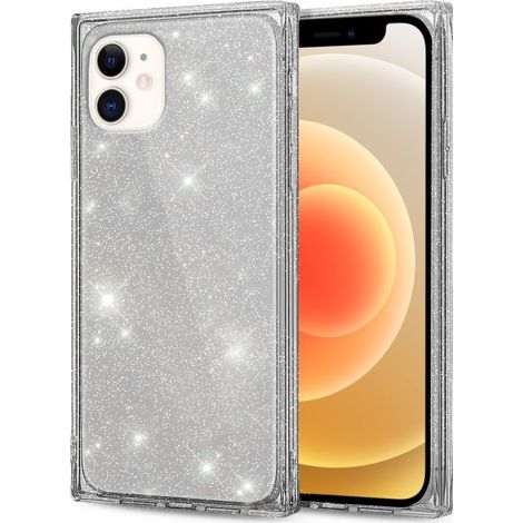 Funda cuadrada con purpurina para iPhone 12, color plata. (1/2)