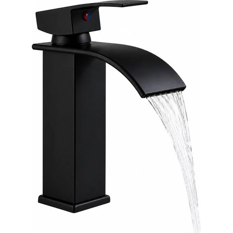 (Mate B-G3/8) Robinet de lavabo moderne noir mat, bec cascade, mitigeur de salle de bain à poignée unique, eau chaude et froide, montage sur plage. (1/5)