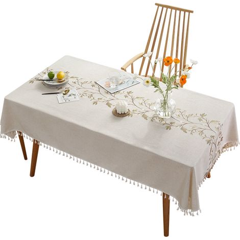 Nappe rectangulaire beige nappe frangée lavable en coton et lin antitache avec broderie et frange kaki, nappe imperméable pour table de cuisine, 140 x 180 cm (1/5)