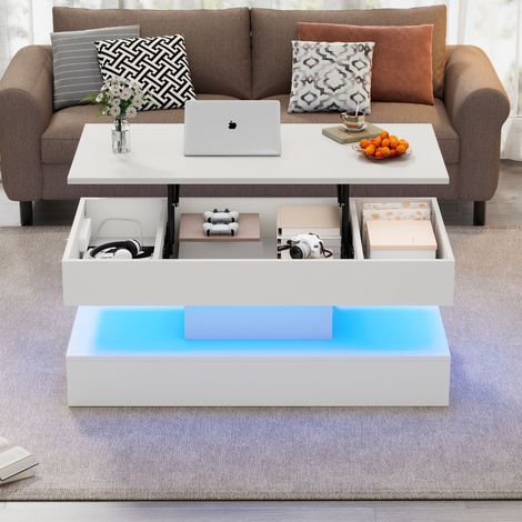 Table basse en panneaux de particules blanc 100 cm, plateau relevable avec rangement caché et LED (1/5)
