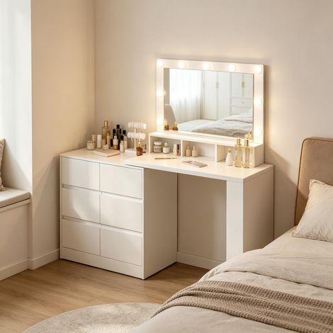 Coiffeuse moderne avec miroir rectangulaire LED, table de maquillage élégante pour chambre, meuble de toilette minimaliste, sans tabouret (1/5)