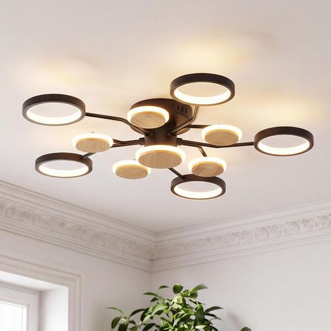 Round Dimmable LED Ceiling Light, Modern Living Room Chandelier for Large Living Room, Semi-Flush Mount, Minimalist Design in Wood, with Remote Control, LED Ceiling Light (11 Lights, Black) (1/5)