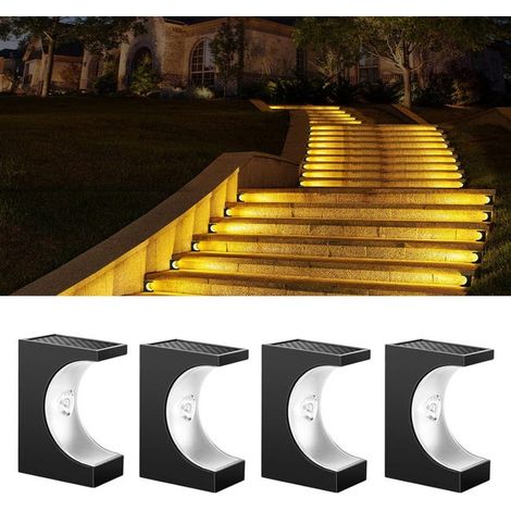 Ensemble de 4 lampes d'escalier solaires, lampes d'escalier décoratives extérieures à LED étanches, lumière chaude.