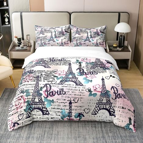 Tour Eiffel Coton Housse de Couette 140x200cm Mode Paris thème Parure de lit Paris Paysage Urbain garçon Fille Adolescent Literie Set Vieux Journal décoration Ensemble de Literie - 140 x 200 cm + 1 ta (1/5)