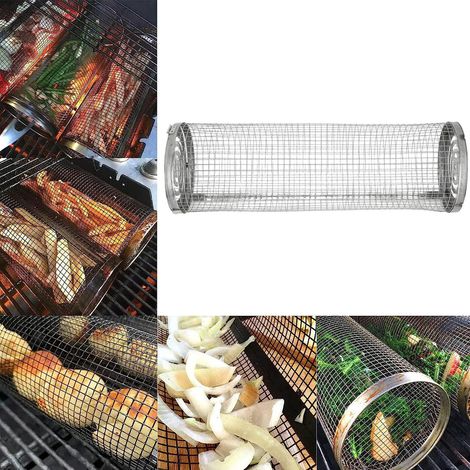 Cesta cilíndrica para asar, fabricada en malla de acero inoxidable, de gran capacidad para asar pescado, verduras y patatas fritas – 384 g/2 unidades (1/5)