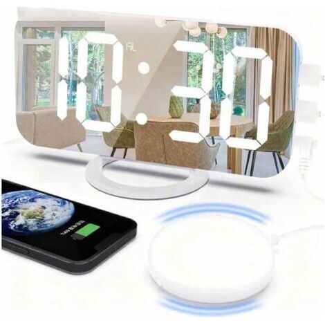 Réveil vibrant avec veilleuse, fonction snooze, miroir LED, horloge électronique et chargement USB