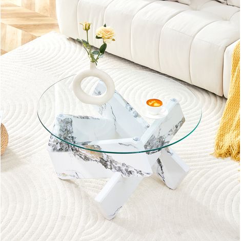 Tavolino rotondo 79 cm in MDF e vetro temperato, effetto marmo bianco HAVRYA (1/5)