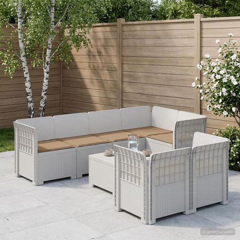 Canapé de Jardin 7 Places Modulaire Effet Rotin en PP avec Coussins Blanc et Taupe - PANGIVO (1/5)
