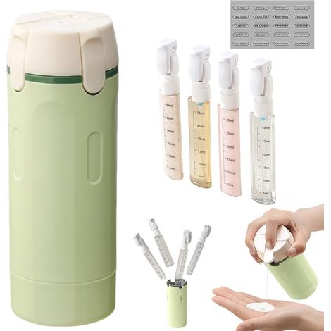 Reiseflaschen-Set, 4 x 30 ml Reisebehälter, nachfüllbares Reiseset mit Skala und Etiketten, auslaufsicher für Shampoo, Lotion und Spülung, Grün (1/5)