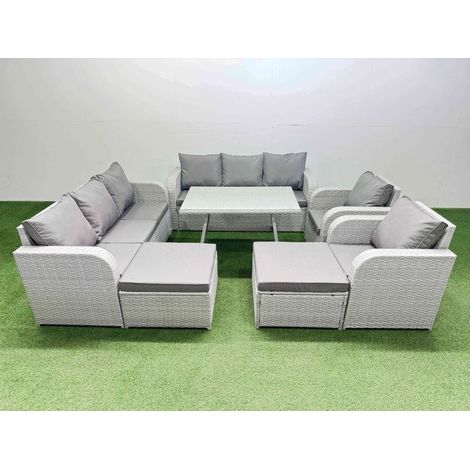 Fimous Rattan High Back Lounge Sofa Set Patio Dining Table & Chairs Set with 3 Seater Sofa 2 Reclining Chairs 2 Big Stool Light Grey (1/4)
