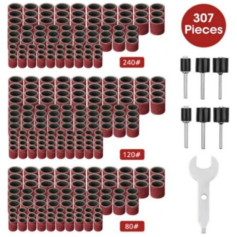 Kit de ponceuse à tambour, 307 pièces, 300 manchons de bande de ponçage (80 /120 /240 ) + 6 mandrins de tambour (1/4)