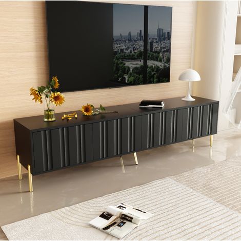 Meuble TV noir 190x38x48 cm avec étagères et pieds dorés, pour appartement et hôtel (1/5)