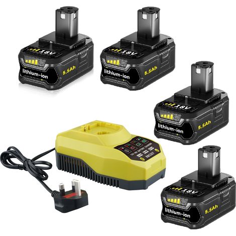 4er-Pack Ryobi 18 V P108 P102 5,5 Ah Ersatzakkus und P117 Ladegerät, kompatibel mit Ryobi 18 V Akku-Werkzeugen P103 P104 P105 P107 P109 P190 P191 P122 (1/5)