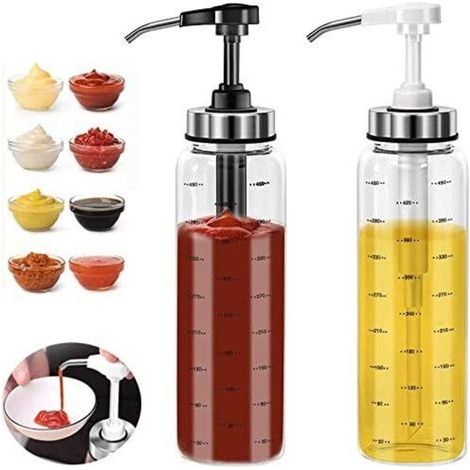Juego de 2 botellas dispensadoras de vidrio de 500 ml para aceite de oliva, antigoteo, sin plomo, kétchup, aderezo para ensaladas, miel y aceite. (1/5)