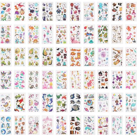 Tatuajes temporales para niños, kit de 60 láminas resistentes al agua: sirena, hada de las flores, espacio, mariposa, tiburón, animales, dinosaurios, piratas. Regalo ideal para fiestas infantiles. (1/5)