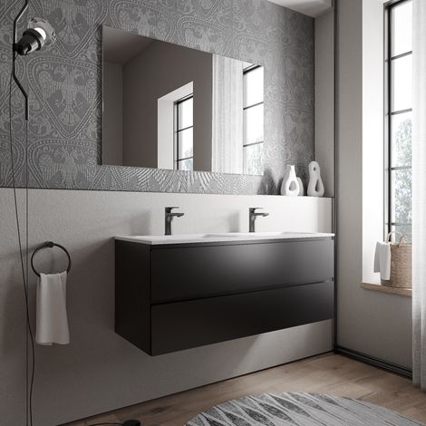 BERNSTEIN - Grand meuble vasque de salle de bain MDF Noir mat avec lavabo fonte minérale Blanc mat - 120x45,6x50cm - AVA CREAM - Noir mat, Blanc mat avec trou pour robinetterie