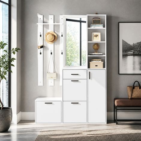 Mueble de entrada con perchero, espejo y mueble para zapatos, 120 x 30 x 178 cm, blanco, REDOM (1/5)