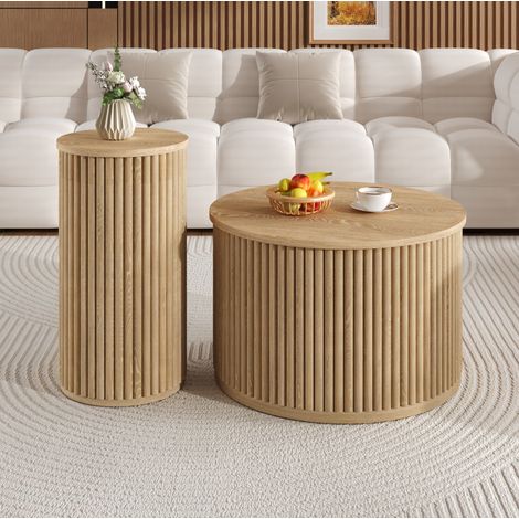 Table basse gigogne ronde 60x60x38,5/30x30x56 cm naturel – lot de 2, MDF MEUBLIV (1/5)