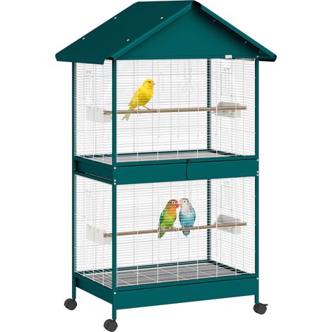 Grande cage à oiseaux - PawHut - sur roulettes - séparateur amovible - métal - 94x70x158 cm - noir