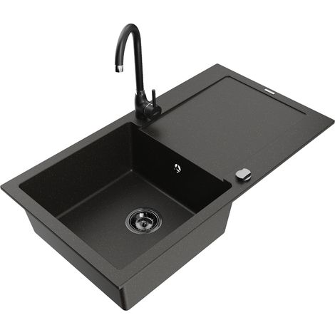Mexen Leo évier en granit 1 bac avec égouttoir et robinet de cuisine Telma, noir/or métallique - 6501-75-670200-70-B (1/5)
