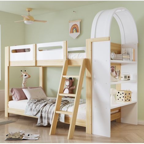 Kinder-Hochbett 90x200 cm mit 3-stufigem Regal, weiß und natur HAVRYA (1/5)
