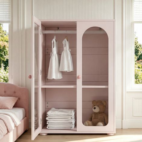 Armoire enfant 80x50x120 cm rose bébé en MDF et acrylique avec portes transparentes et étagères réglables