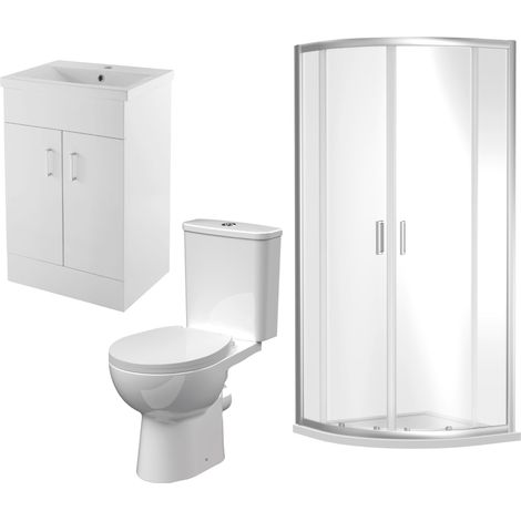 900mm Quadrant Shower Enclosure Suite with Shower Enclosure, Shower Tray, Waste, Vanity Basin Unit,Toilet and Seat - Chrome/White