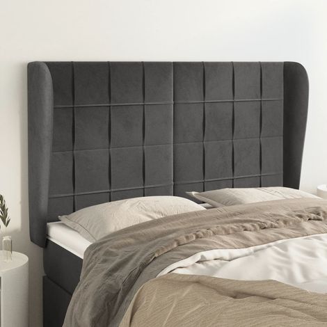 Tête lit de avec oreilles pour lit double, Cadre de lit, Tableau décoratif de chevet Gris foncé 147x23x118/128 cm Velours CDE93923 (1/5)