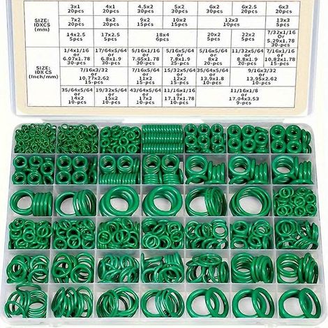 Kit de 595 joints toriques pour climatisation automobile, comprenant un assortiment de joints d'étanchéité en caoutchouc vert, des rondelles et des outils. (1/5)
