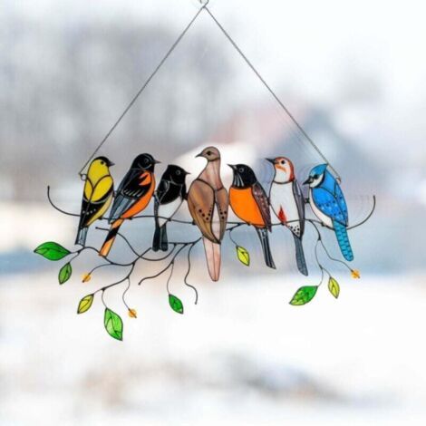 BUNTHAUS Panneau de suspension pour vitrail d'oiseaux, ornement de fenêtre teinté, attrape-soleil avec chaîne (7 oiseaux)