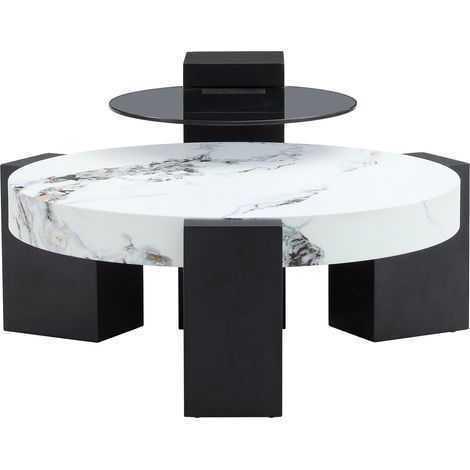 Table d'appoint ronde moderne avec plateau effet marbre blanc et pieds MDF noirs en L, design modulable (1/5)