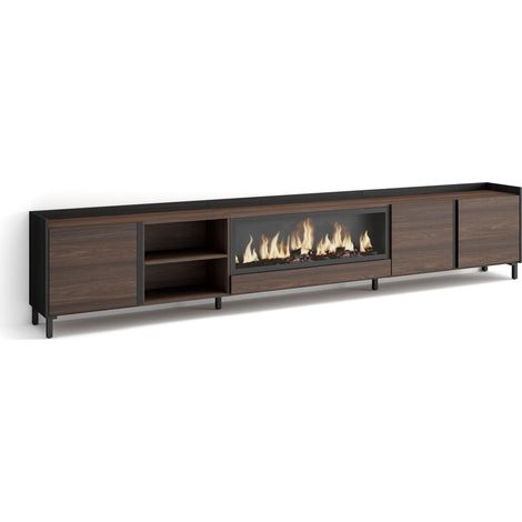 Skraut Home - Meuble TV, Banc Télé, Grand espace de Rangement, 315x35x61cm, Pour les TV jusqu'à 80", Cheminée électrique XXL, Design industriel, Style moderne, Chêne foncé et Noir (1/5)
