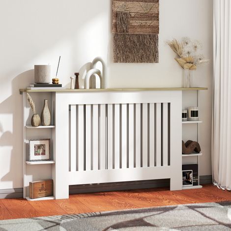 Cubre Radiadores con Estantes Cubreradiador de MDF Diseño Moderno de Listones para Salón Dormitorio 152x19x83 cm Blanco (1/5)
