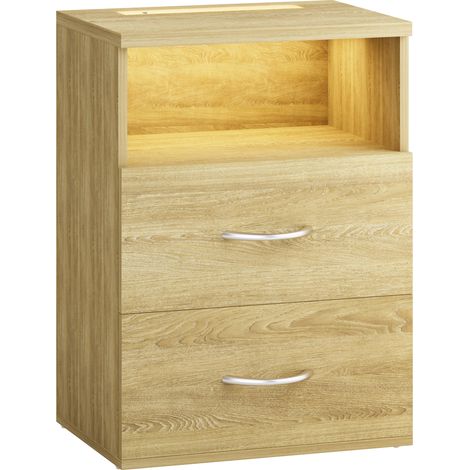 CASARIA® Nachttisch Touch mit LED Beleuchtung 40x28x55cm Dimmbar Holz 2 Schubladen Boxspringbett Schlafzimmer Wohnzimmer Beistelltisch Nachtschrank sonoma eiche