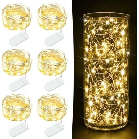 Confezione da 6 lucine a batteria - 2 m, 20 LED, mini lucine a filo di rame scintillanti per barattoli di vetro, fai da te, feste di matrimonio, bianco caldo