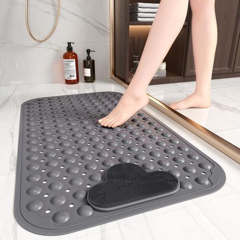 Tapis de bain antidérapant avec massage des pieds, 70 x 40 cm, pour douche intérieure, avec ventouse, facile à nettoyer, gris (1/4)