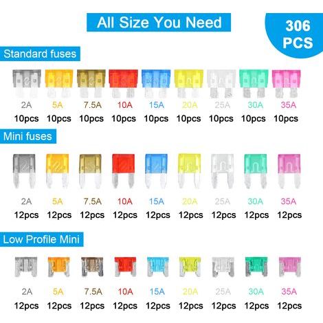 Kit d'assortiment de 306 fusibles, fusible à lame enfichable avec 2 testeurs de circuit, boîte de rangement pour voiture camion SUV RV bateau marin 2A 5A 7,5A 10A 15A 20A 25A 30A 35A (1/5)
