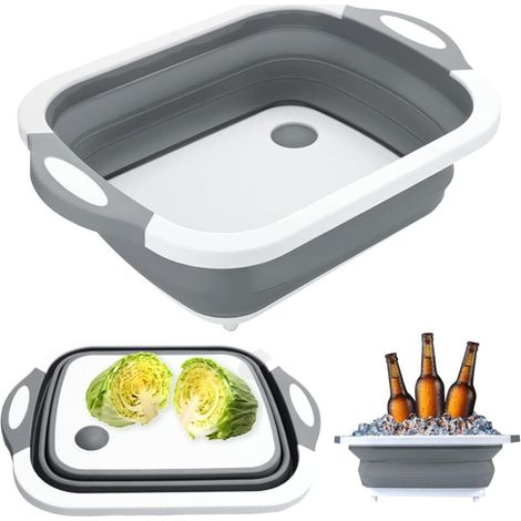 Tabla de cortar plegable 3 en 1, cesta de drenaje multifuncional con tapón, cesta de almacenamiento portátil para cocina y camping (gris) (1/5)