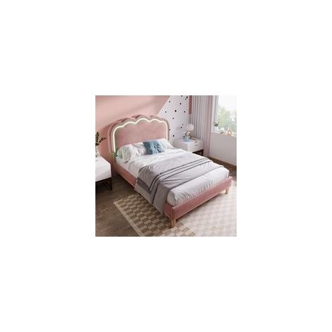 Lit enfant 90x190 cm Lit simple capitonné avec sommier à lattes Tête de lit LED réglable en velours rose Sans matelas (1/5)