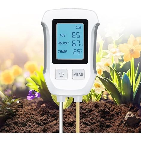 Medidor de suelo 3 en 1, medidor de temperatura y pH para plantas, sensor de higrómetro, con pantalla LCD retroiluminada para jardín, césped, granja, uso interior y exterior. (1/5)