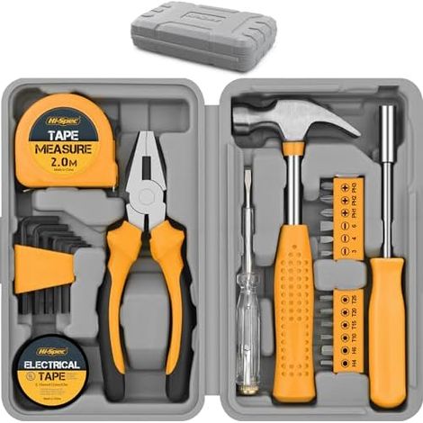 Kit de herramientas de bricolaje de 24 piezas, amarillo. Caja de herramientas pequeña, ideal para principiantes, para el hogar y la oficina. (1/5)